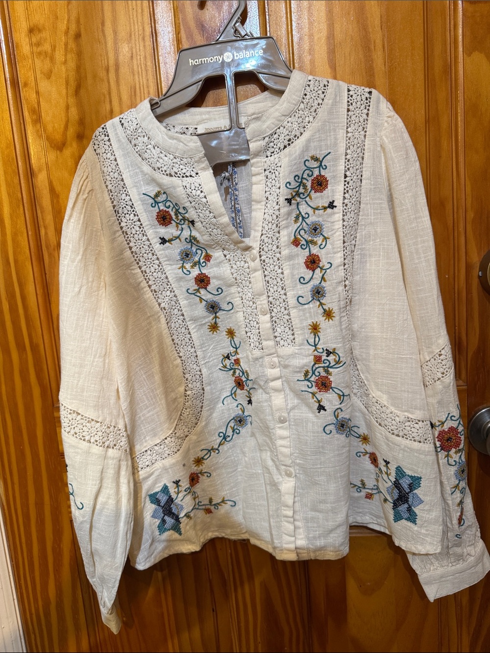 Jenni Cream Embroidered Boho Button-Front Top